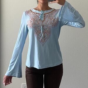 Blue Printed Vintage Long Sleeve Blouse